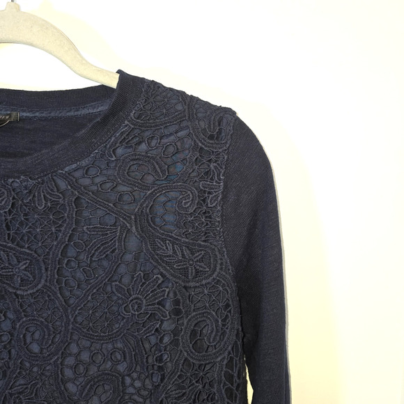 J. Crew Navy Crochet Lace-Front Crew Neck Sweatshirt Size M Cotton Silk Blend - Picture 4 of 8